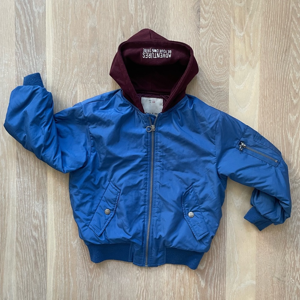 Zara Kids Blue Bomber Jacket with Hood - size 7 boys